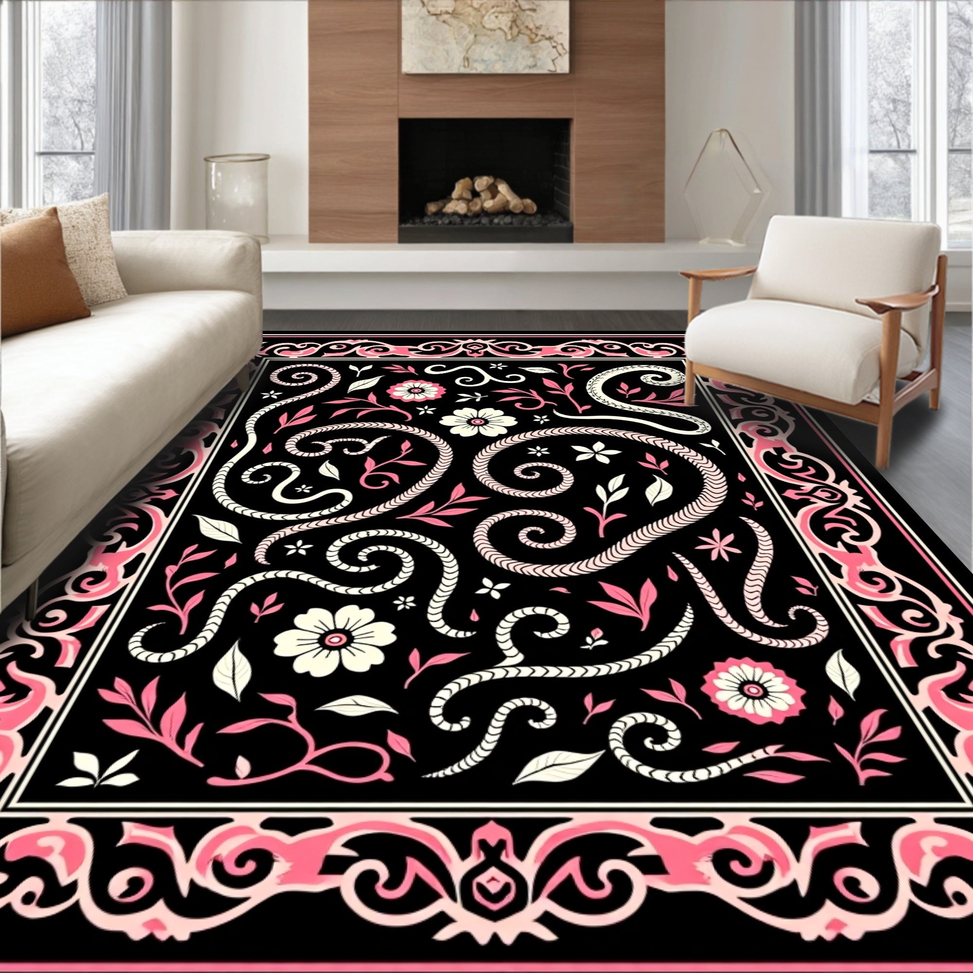 Whimsical Pink Floral Swirl Rug