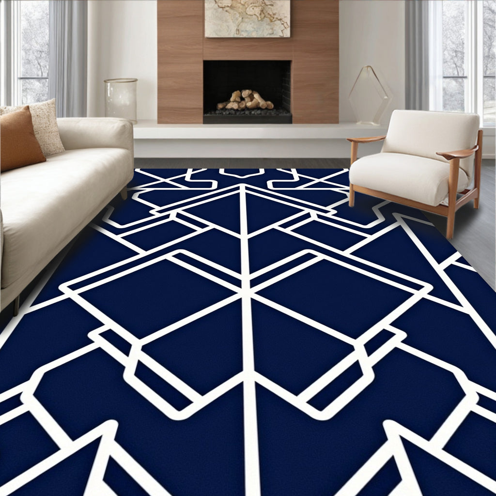 Geometric white lines on navy background Rug