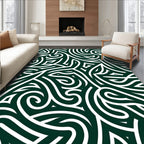 Intricate White Swirls on Dark Green Field Rug