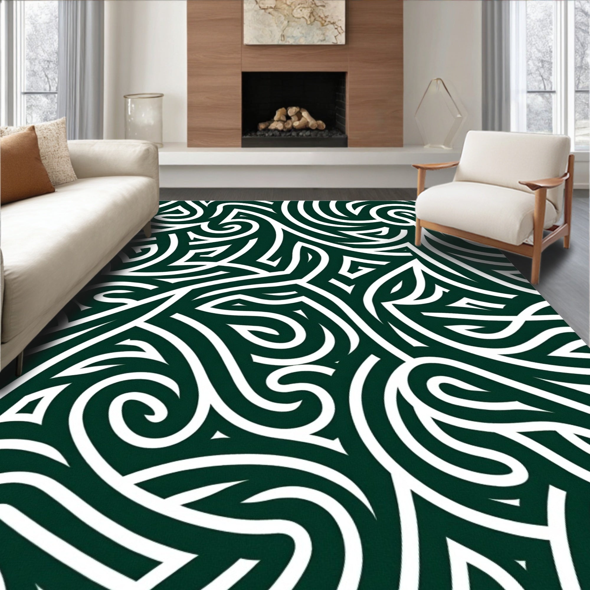 Intricate White Swirls on Dark Green Field Rug