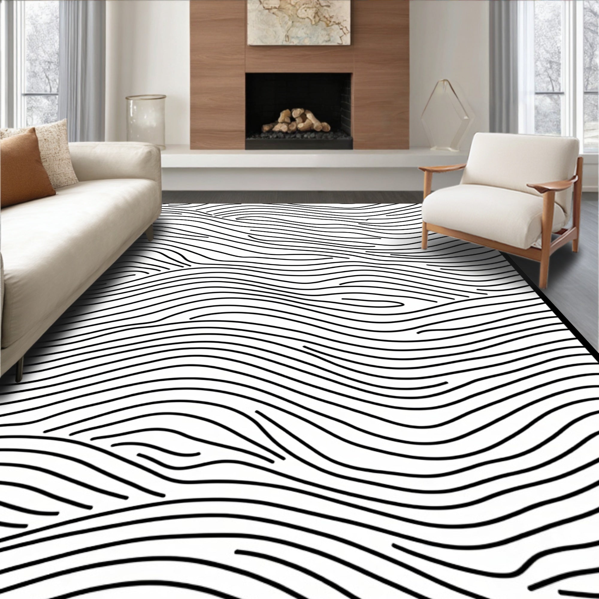 Abstract Black White Wavy Line Design Rug
