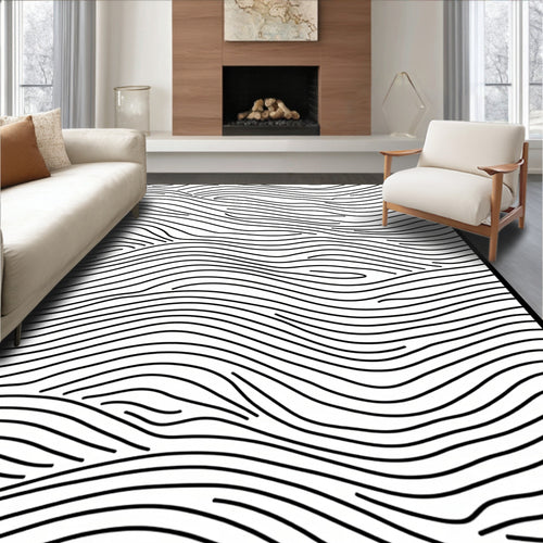 Abstract Black White Wavy Line Design Rug