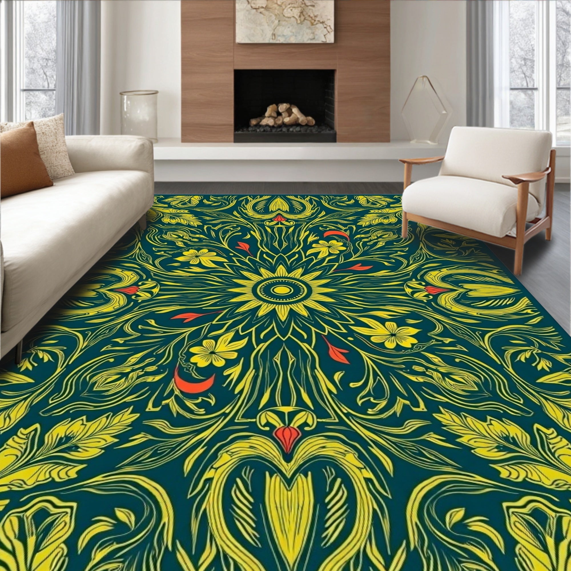 Floral Swirls Yellow Teal Rug