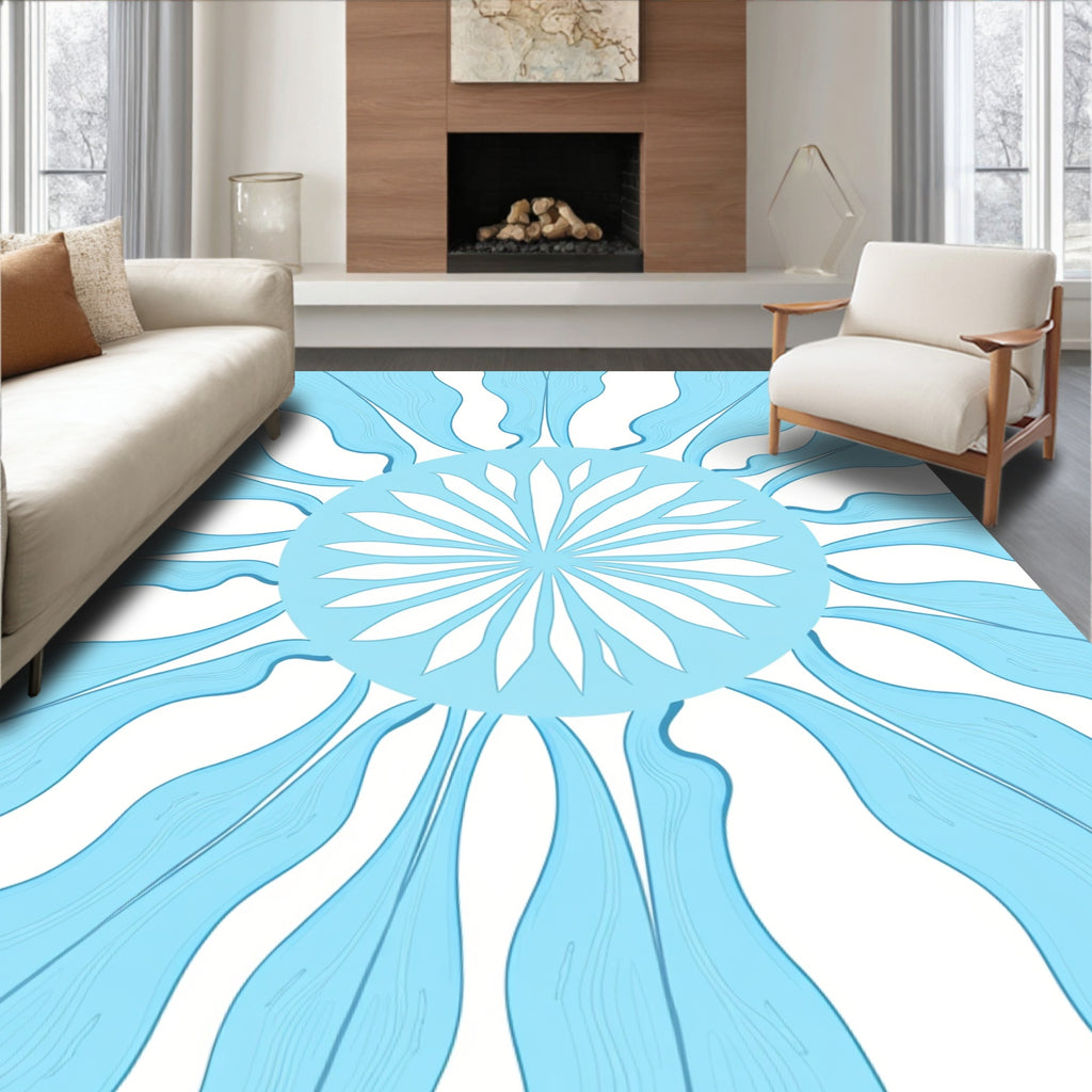 Cool Blue Sunburst Floral Design Rug