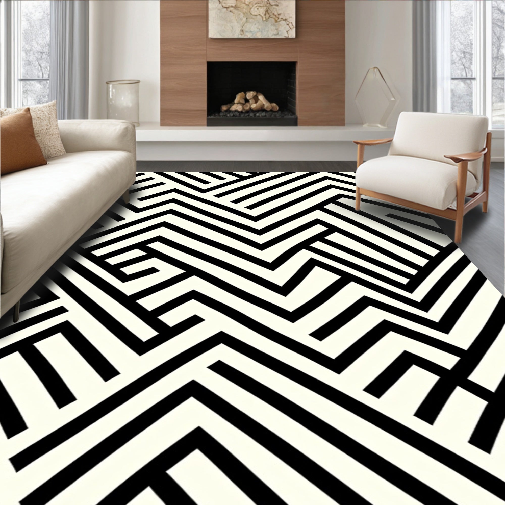 Abstract Black White Maze Pattern Rug