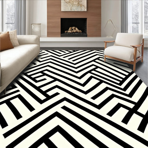 Abstract Black White Maze Pattern Rug