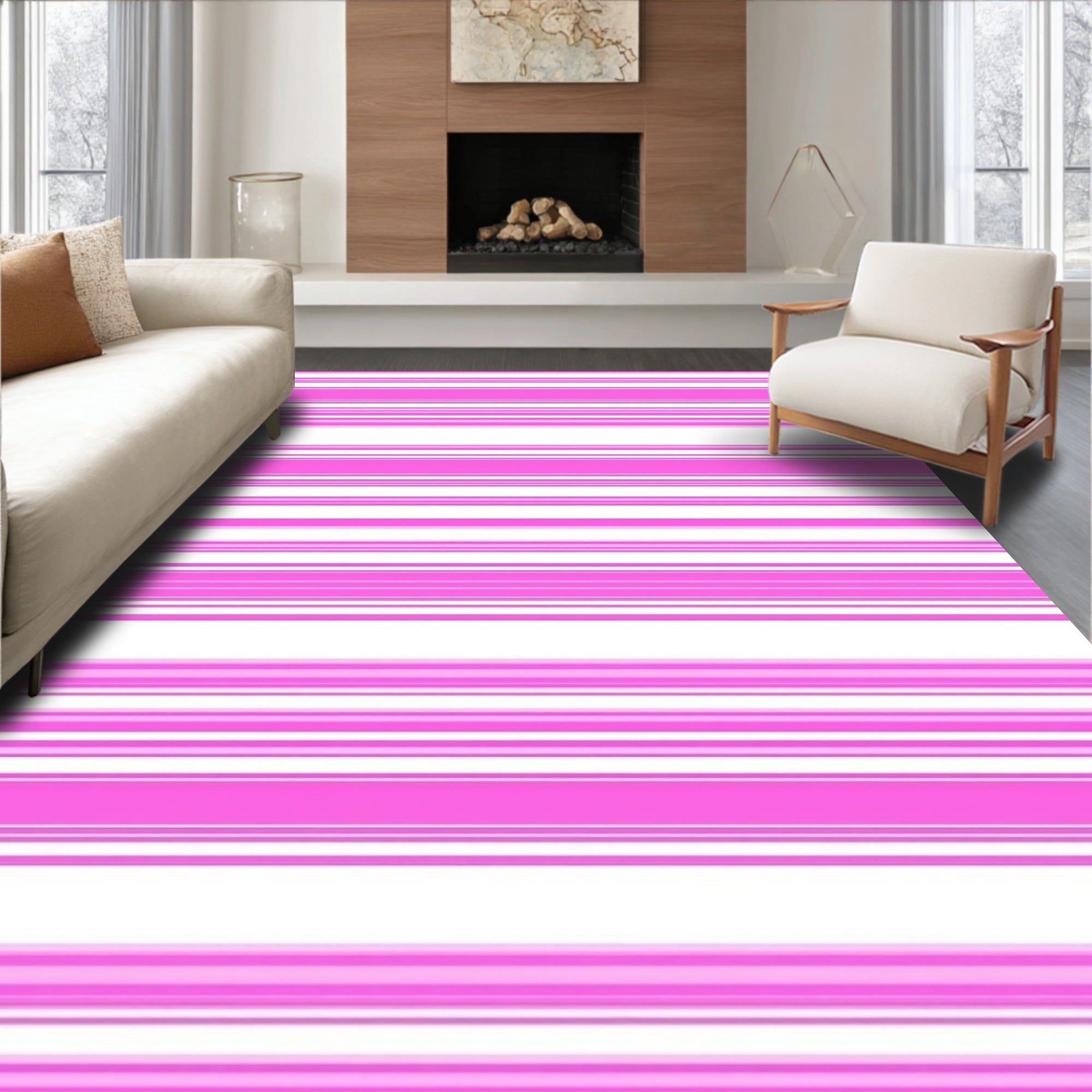 Pink White Wide Stripe Pattern Rug
