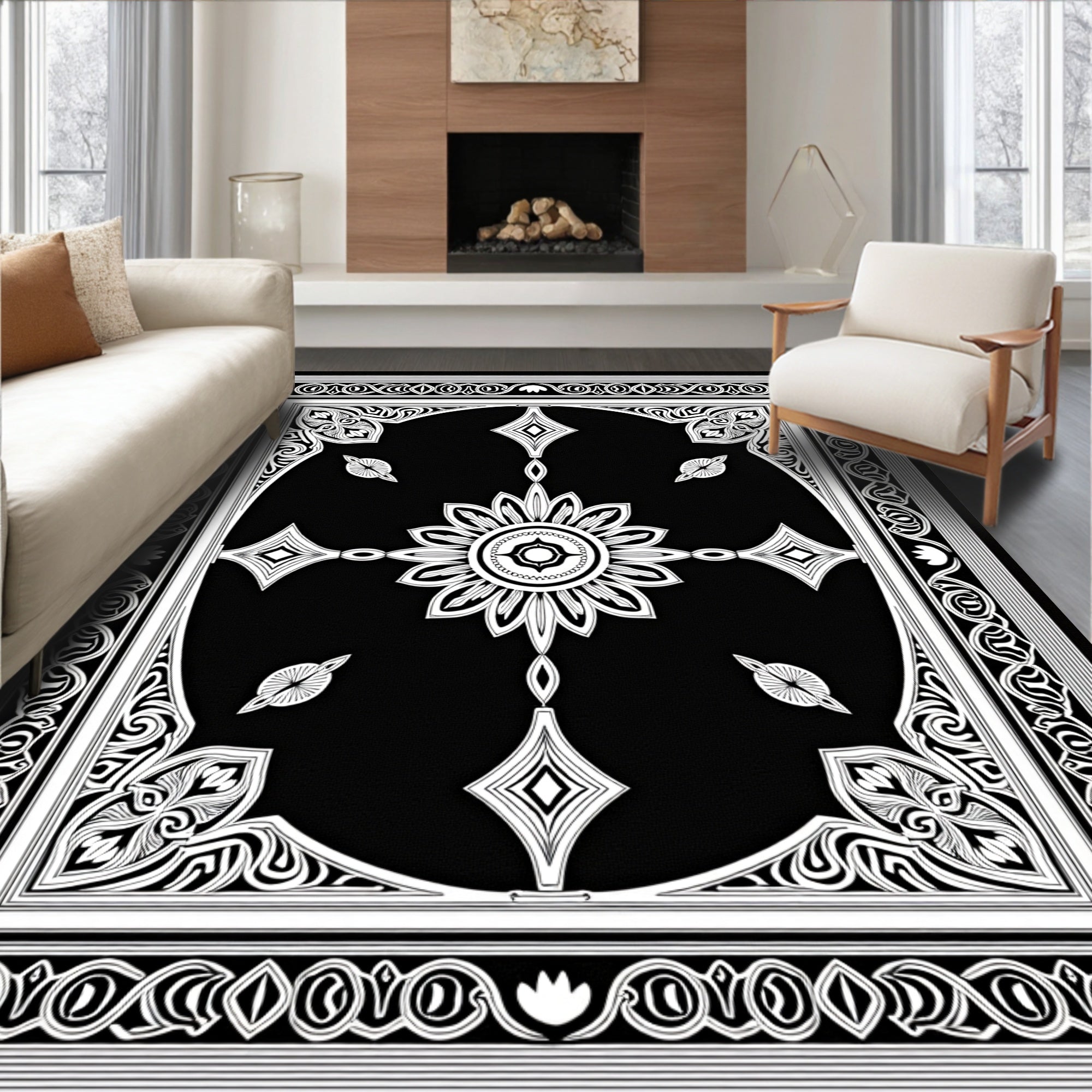 Ornate Black And White Floral Design Rug