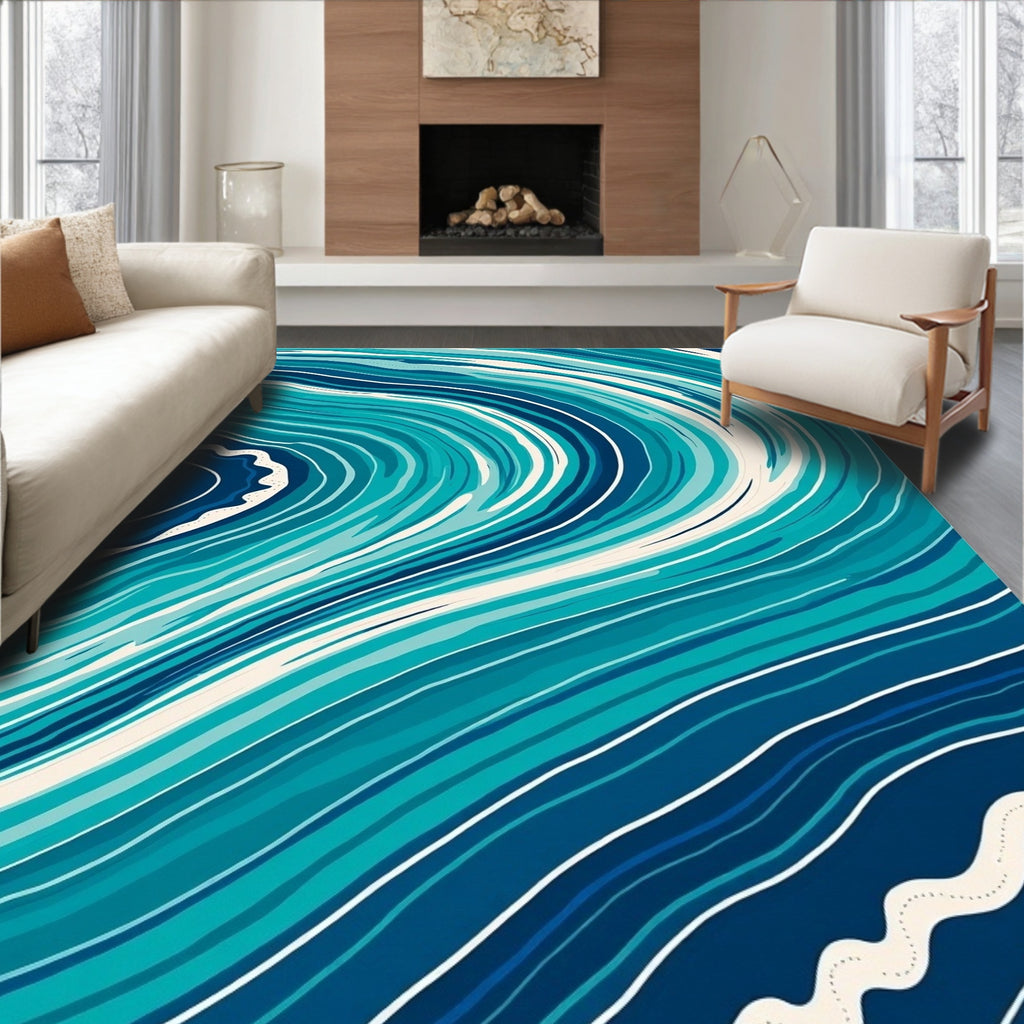 Abstract Swirl Blue Wave Pattern Rug