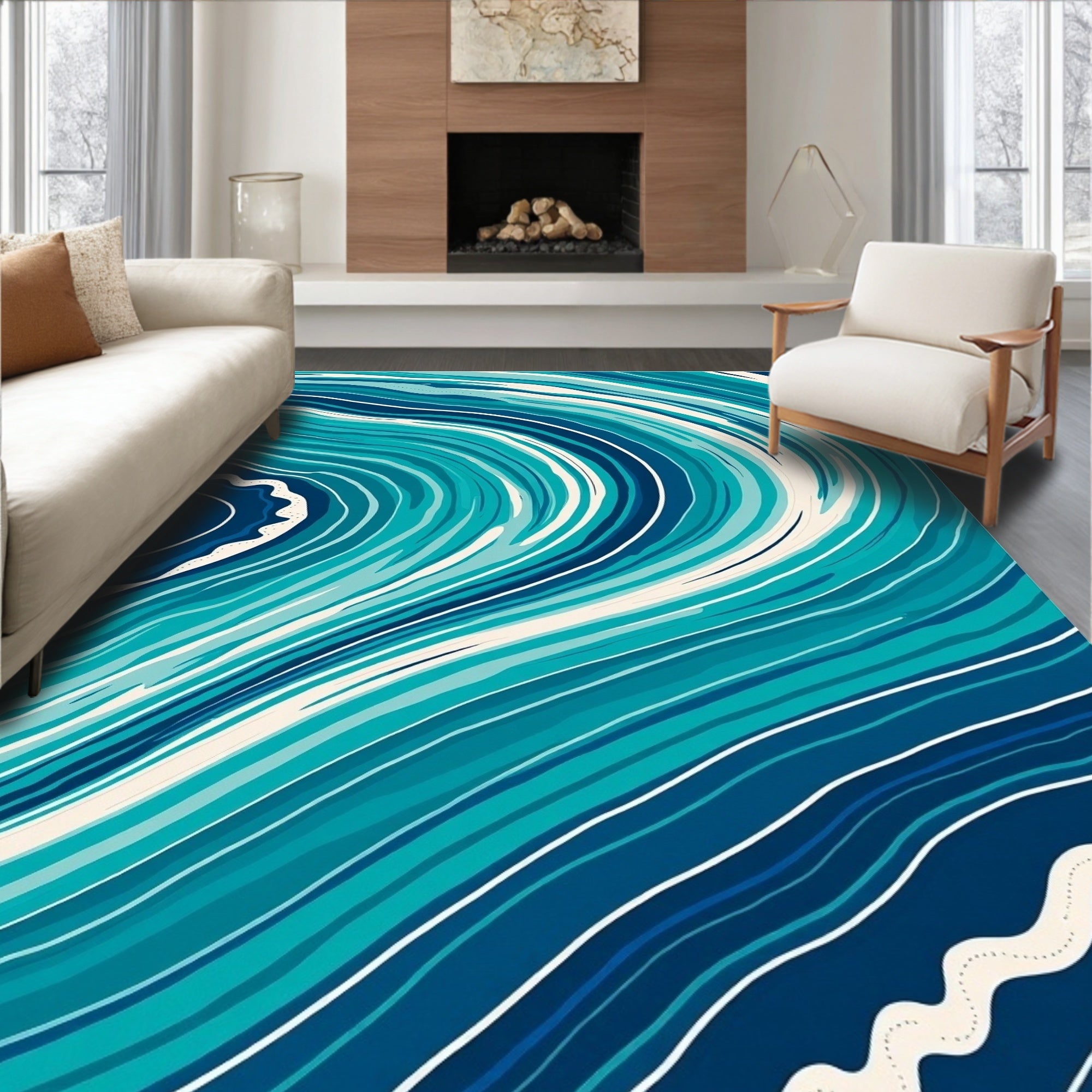 Abstract Swirl Blue Wave Pattern Rug