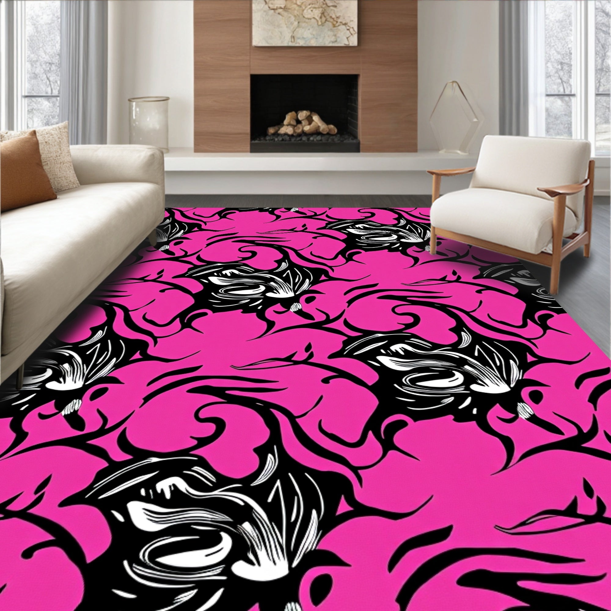 Hot Pink Black Floral Swirl Rug