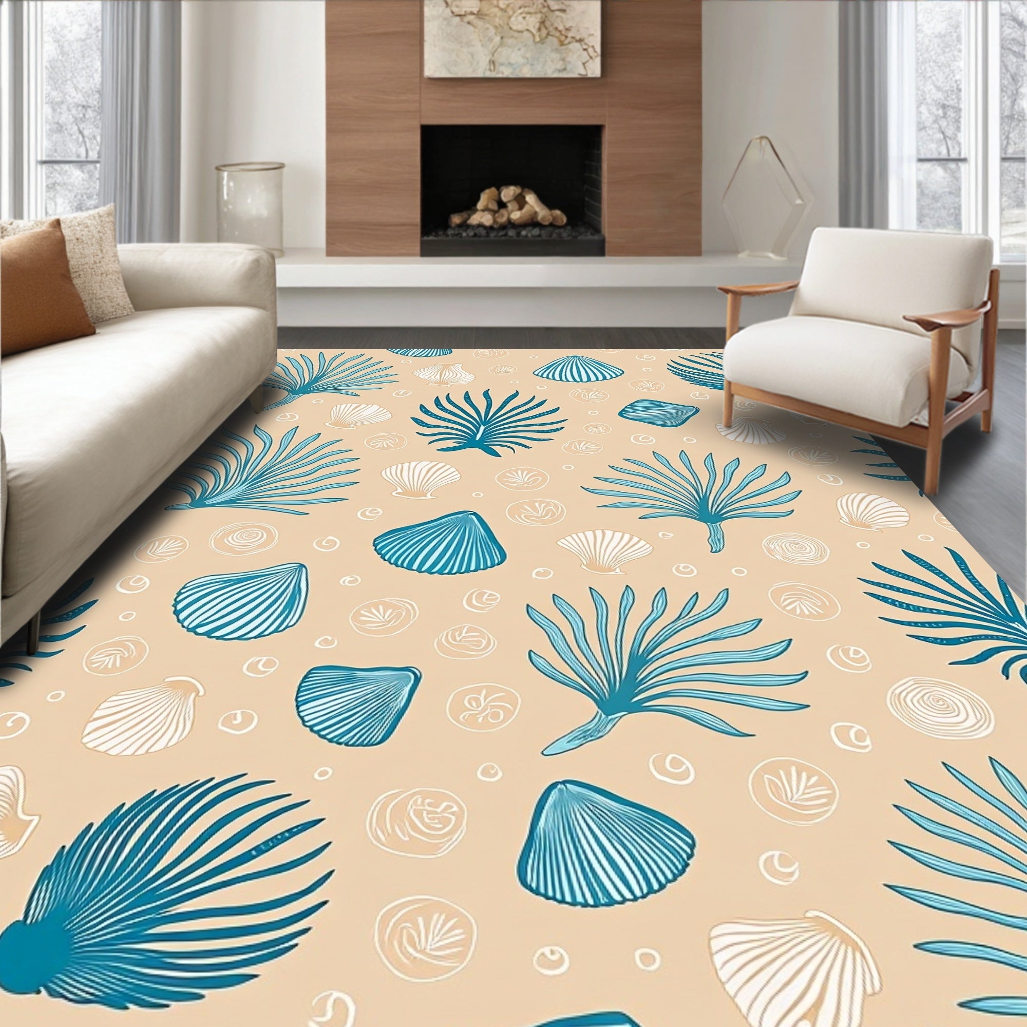 Coastal Seashell Palm Leaf Pattern Rug
