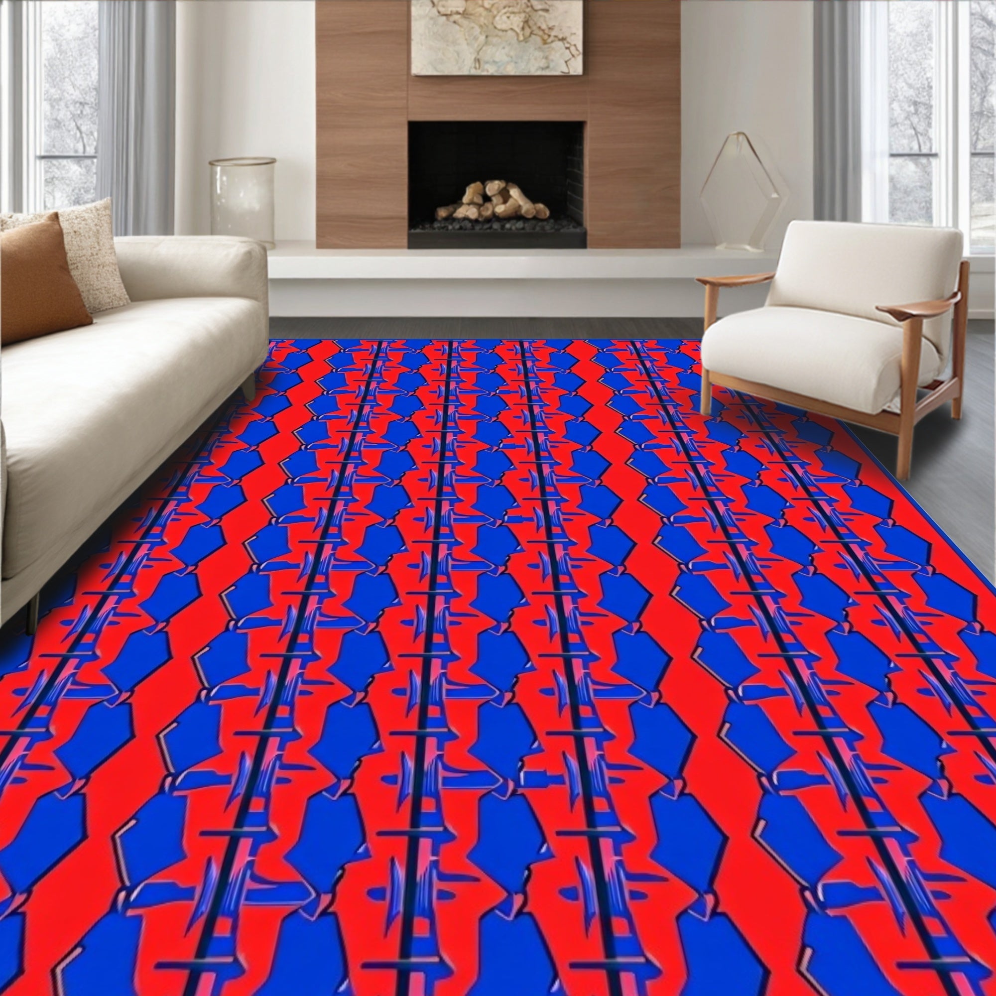 Red Blue Bold Geometric Pattern Rug