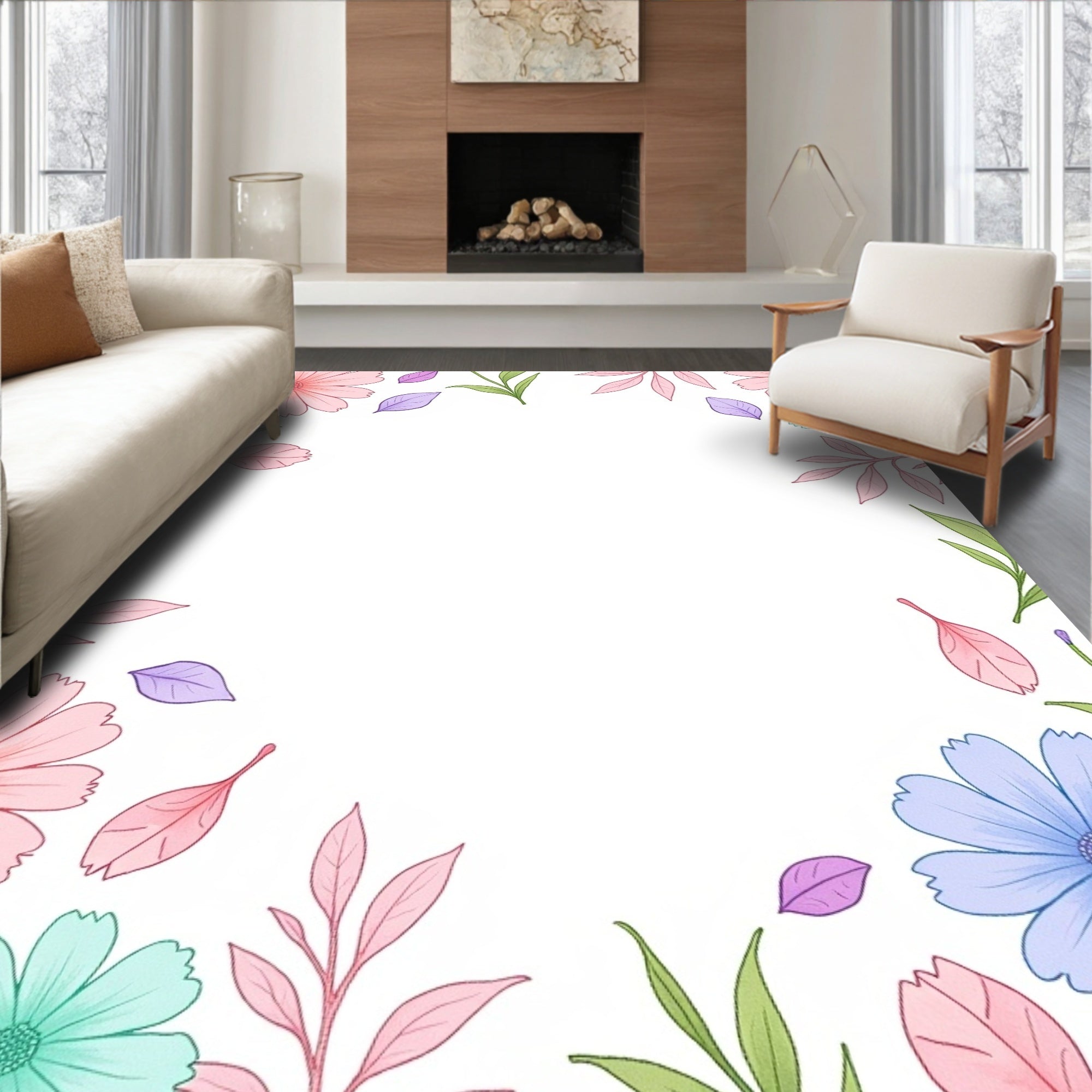 Pastel Floral Botanical Arrangement Rug