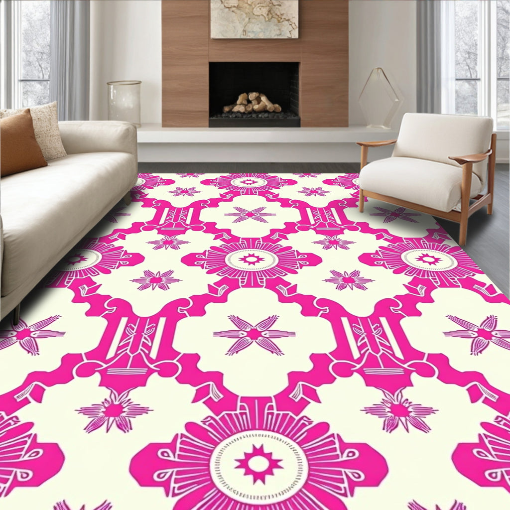 Ornate Pink Floral Geometric Pattern Rug