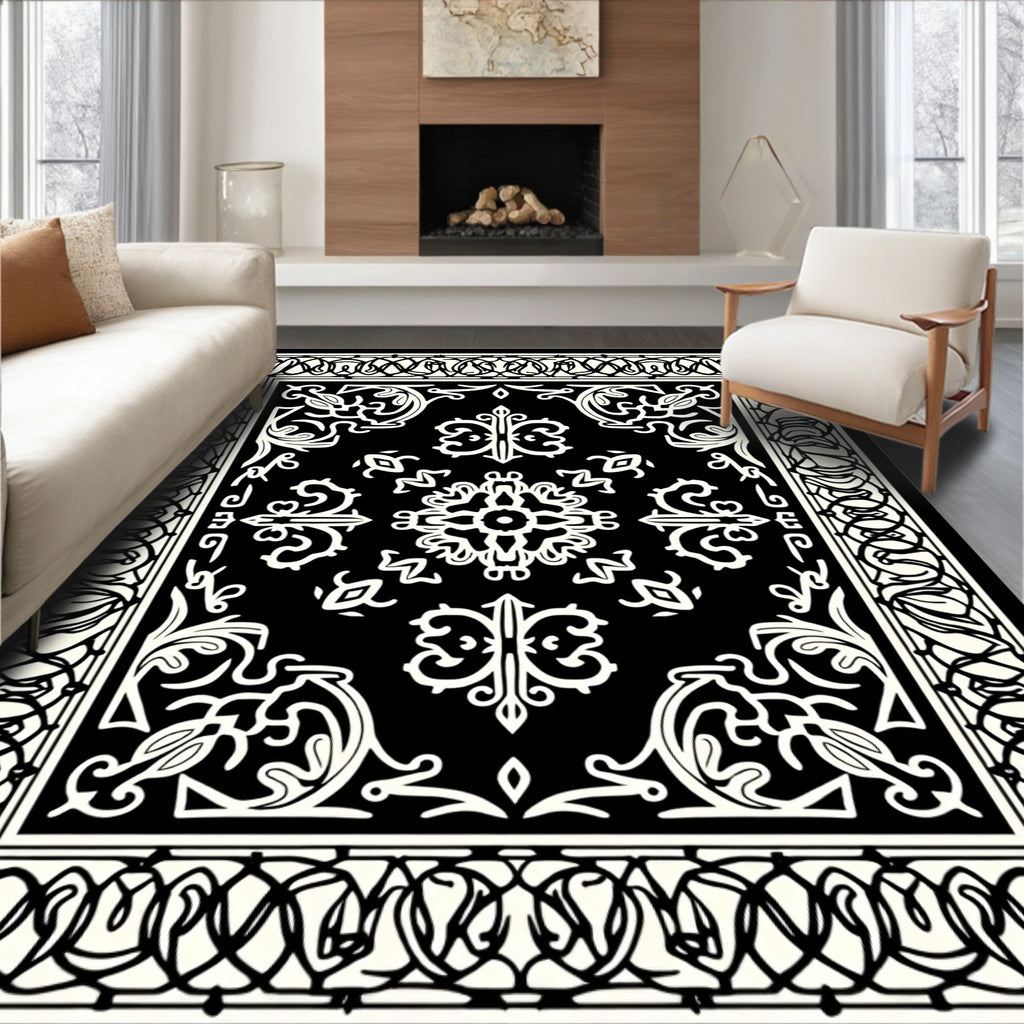 Intricate Black White Floral Border Rug