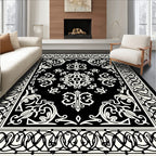 Intricate Black White Floral Border Rug