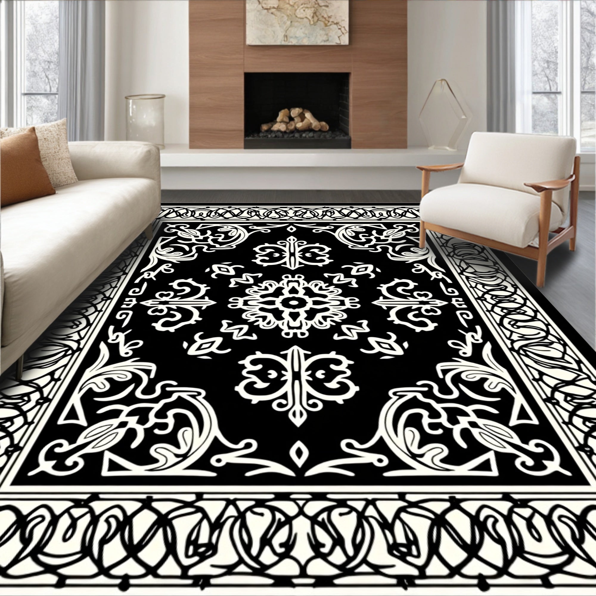 Intricate Black White Floral Border Rug