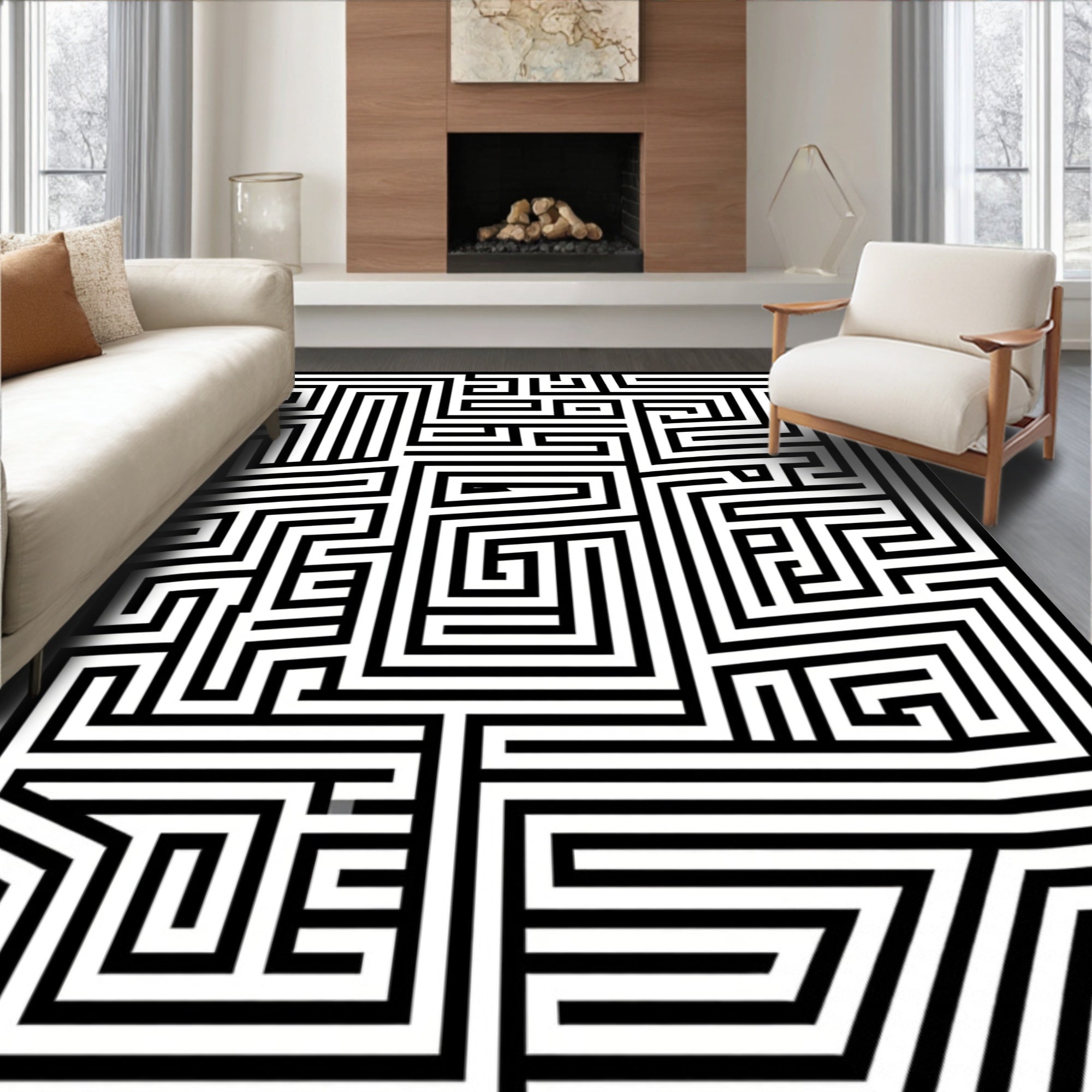 Black White Maze Pattern Rug