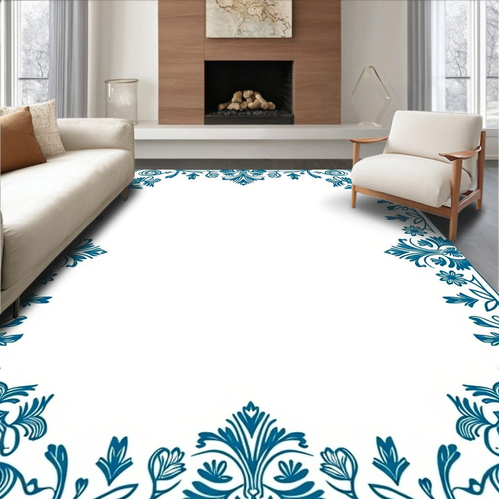 Classic Teal Floral Swirl Border Rug