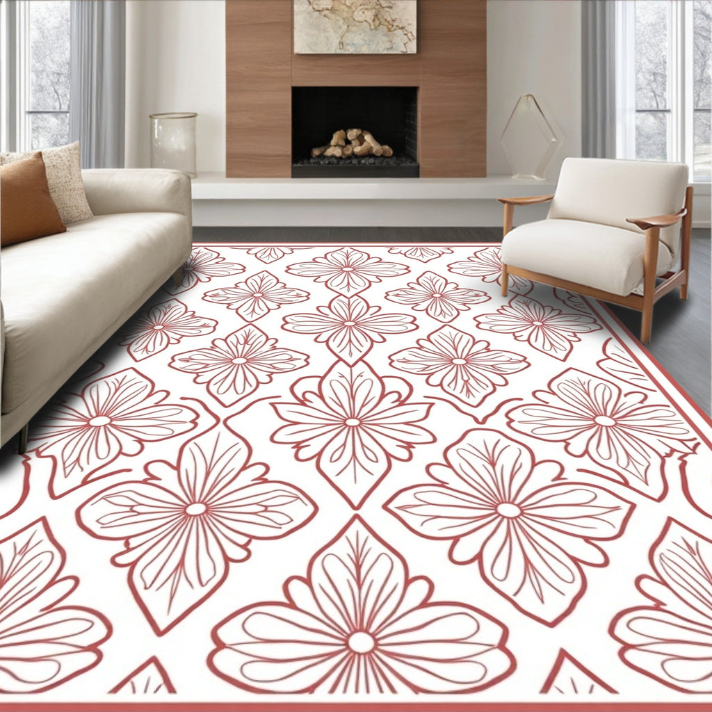 Red Floral Interlocking Patterned Rug
