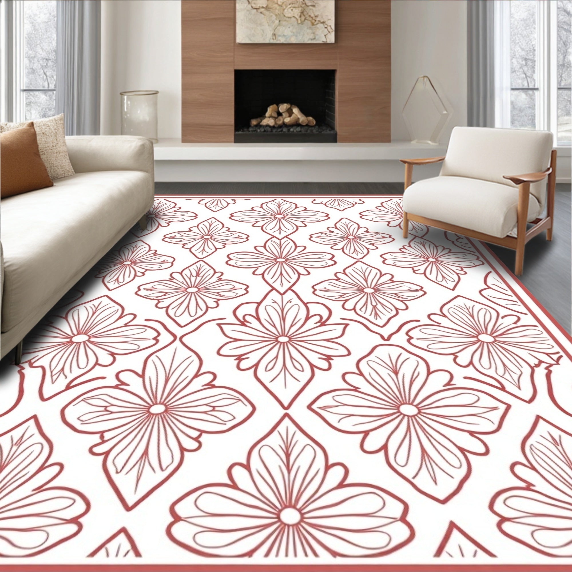 Red Floral Interlocking Patterned Rug