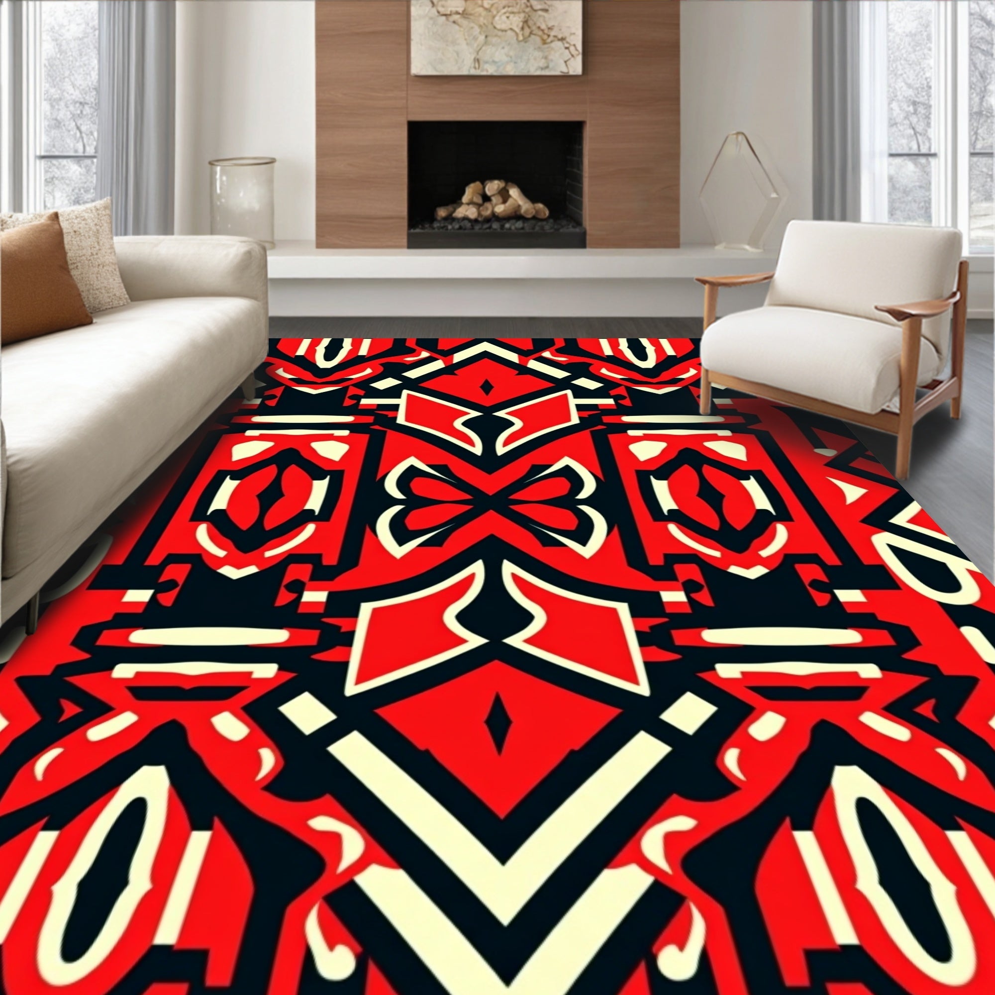 Bold Red Black Abstract Geometric Art Rug