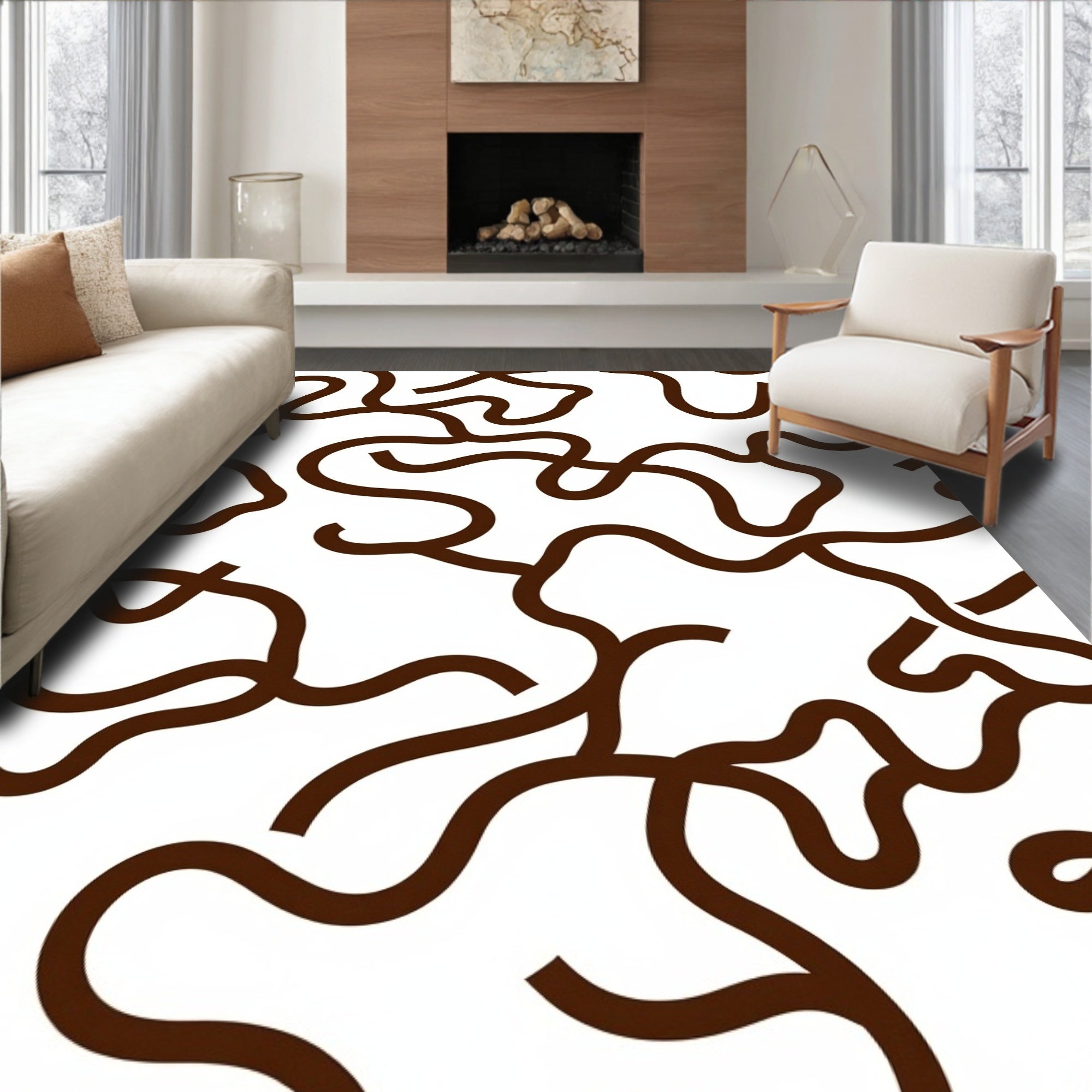 Abstract Brown Line Art Pattern Rug