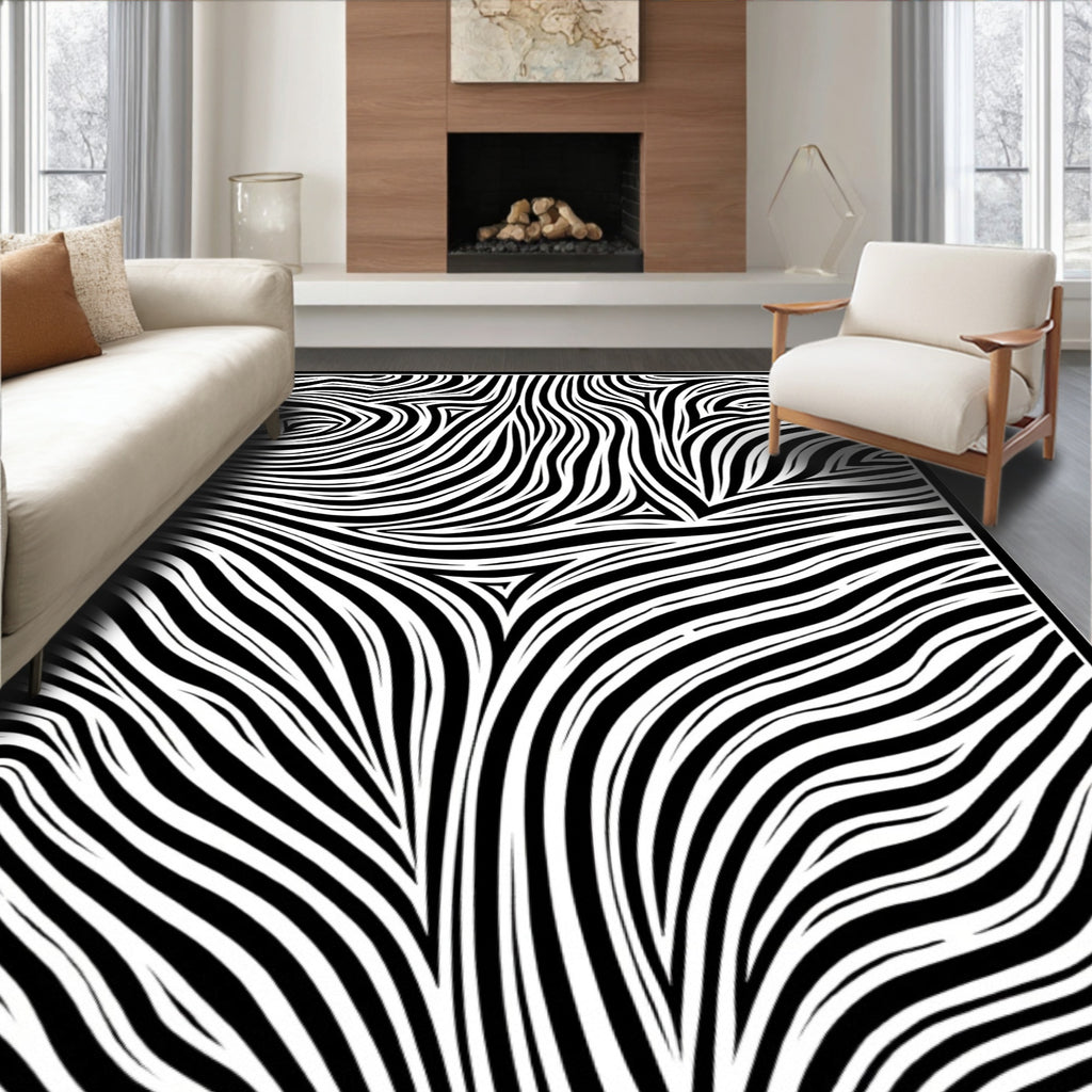 Abstract Black White Wavy Stripes Rug