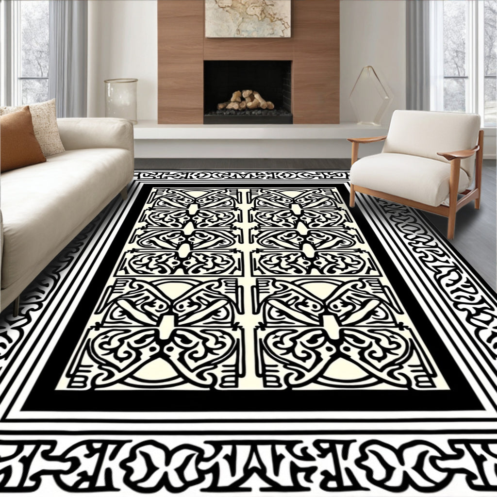 Ornate Black Ivory Geometric Design Rug