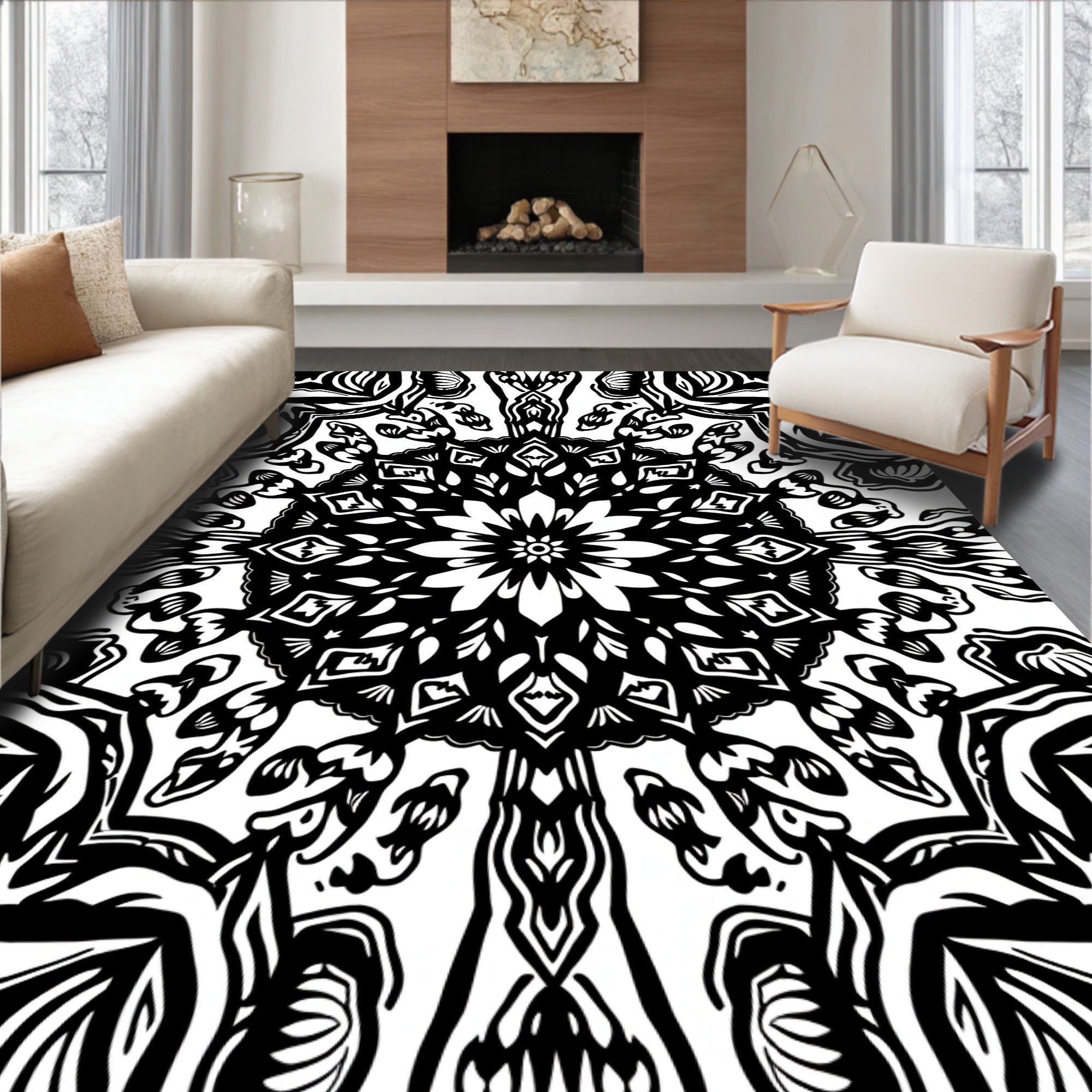 Bold Black White Mandala Design Rug