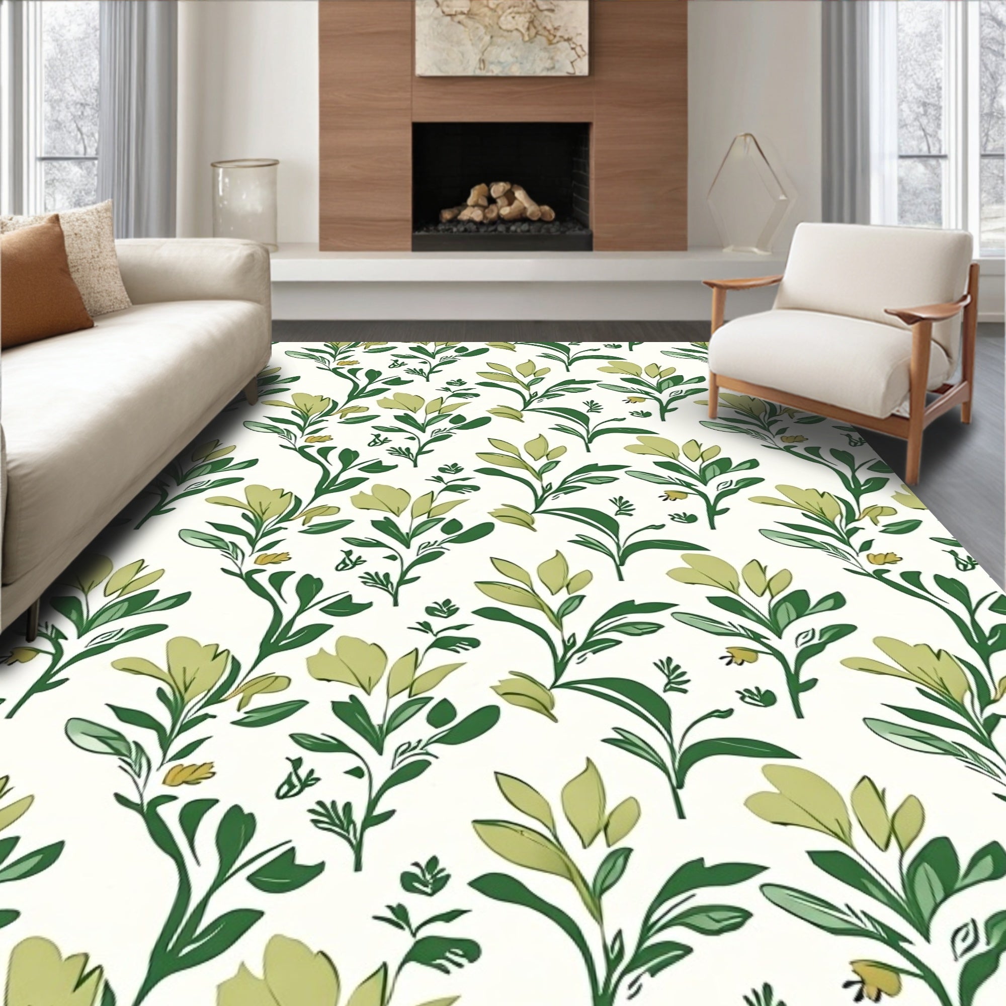 Green Floral Botanical Vine Pattern Rug