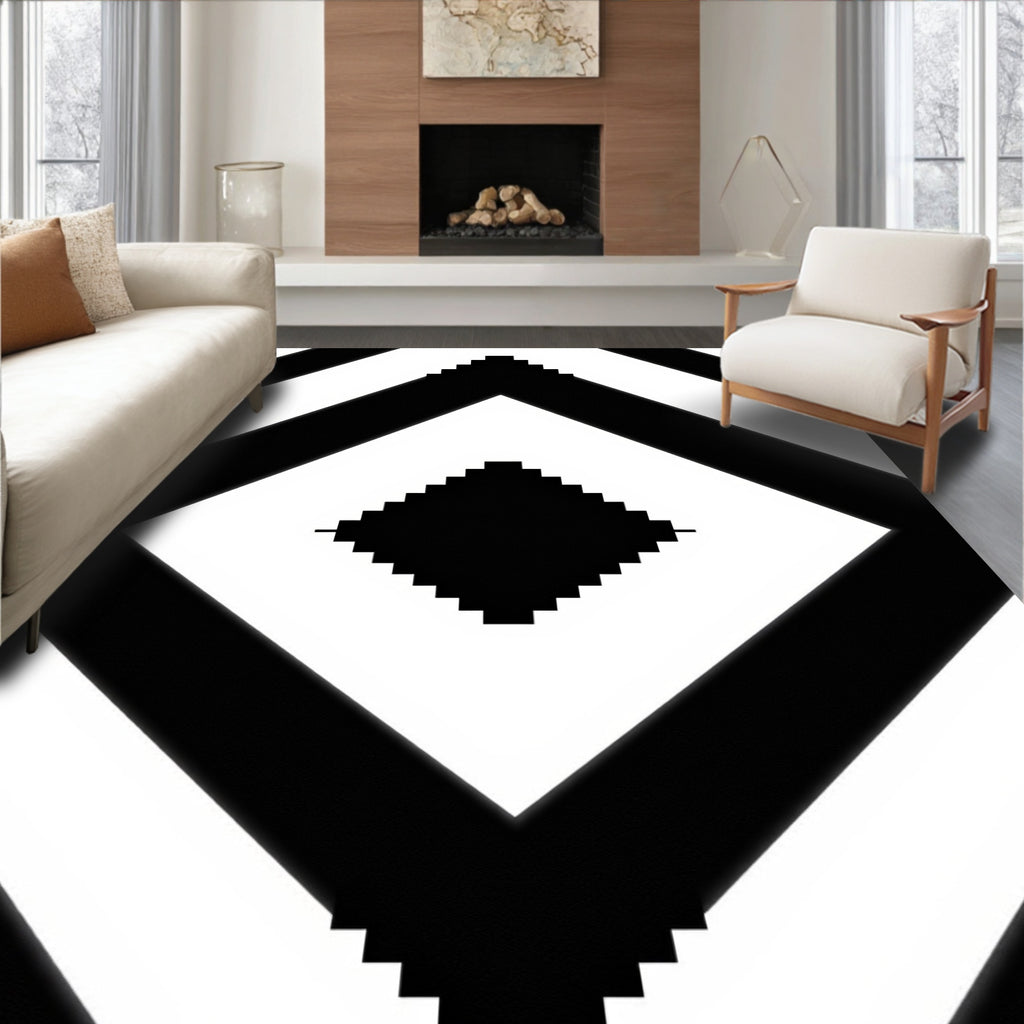 Black White Geometric Diamond Pattern Rug