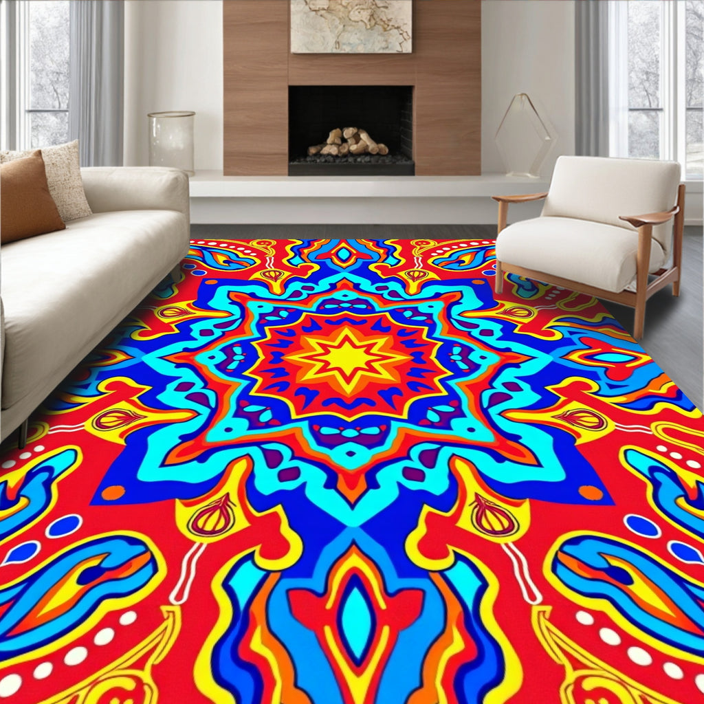 Vibrant Geometric Sunburst Mandala Rug