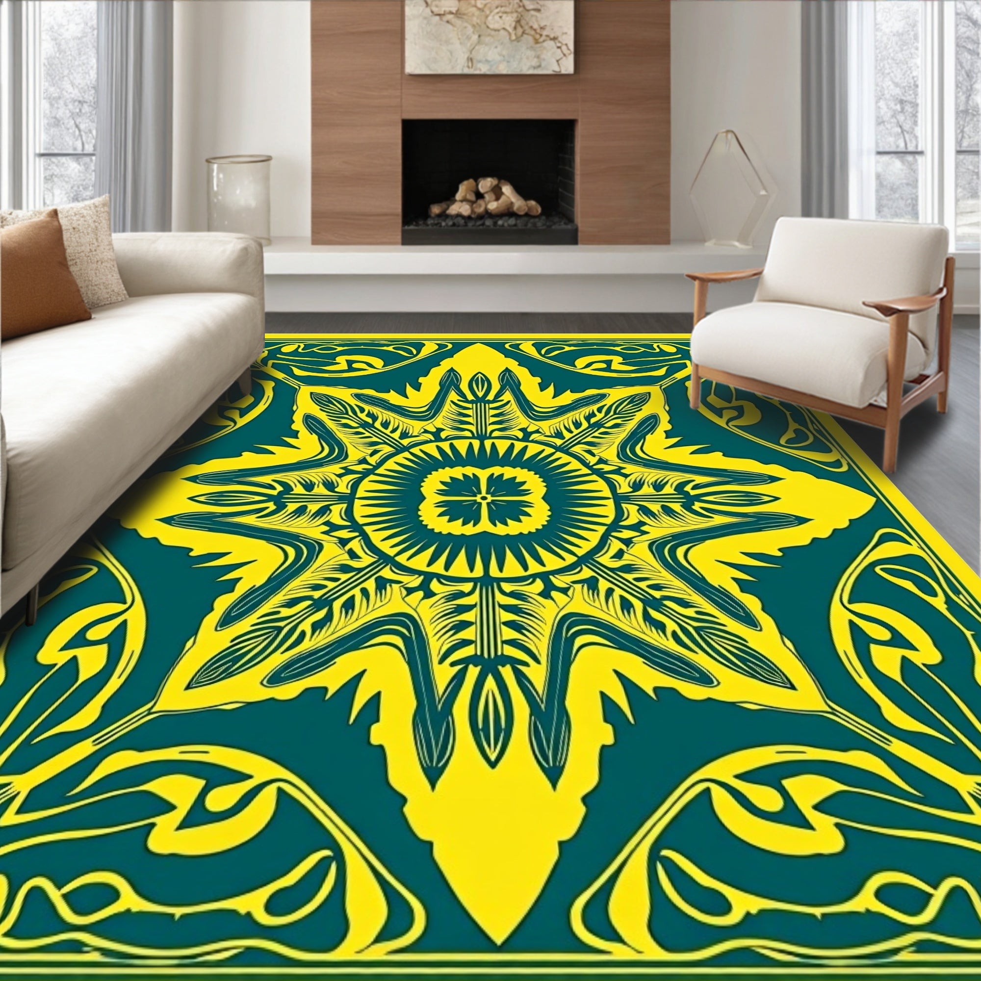 Art Nouveau Yellow Teal Floral Rug