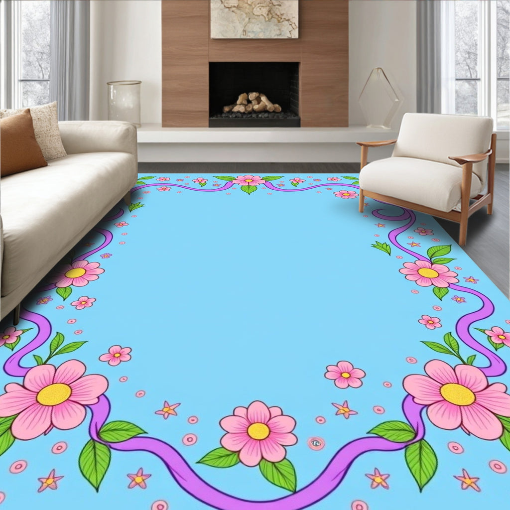 Pink flowers and purple ribbon border Rug