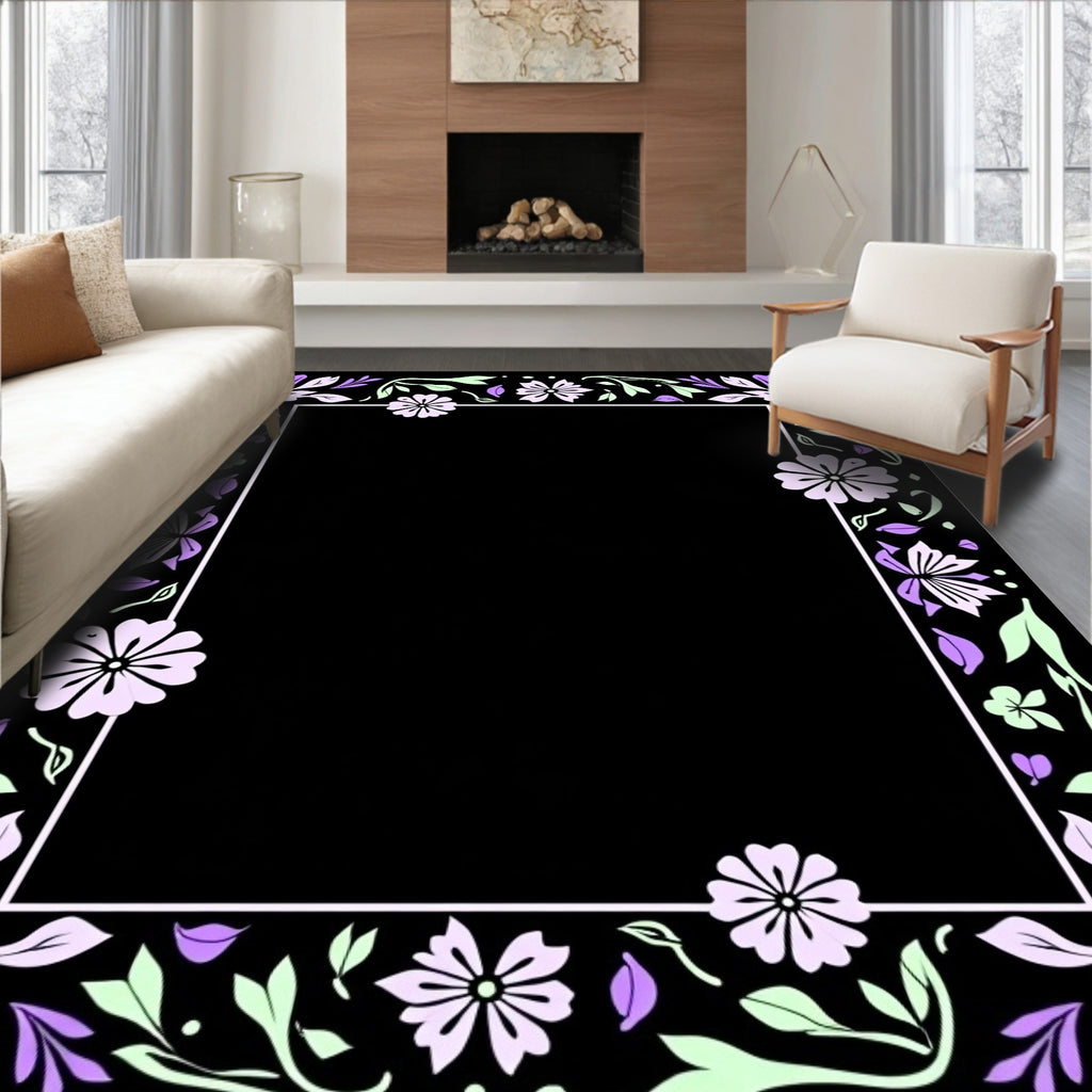 Purple Lavender Floral Leaf Frame Rug