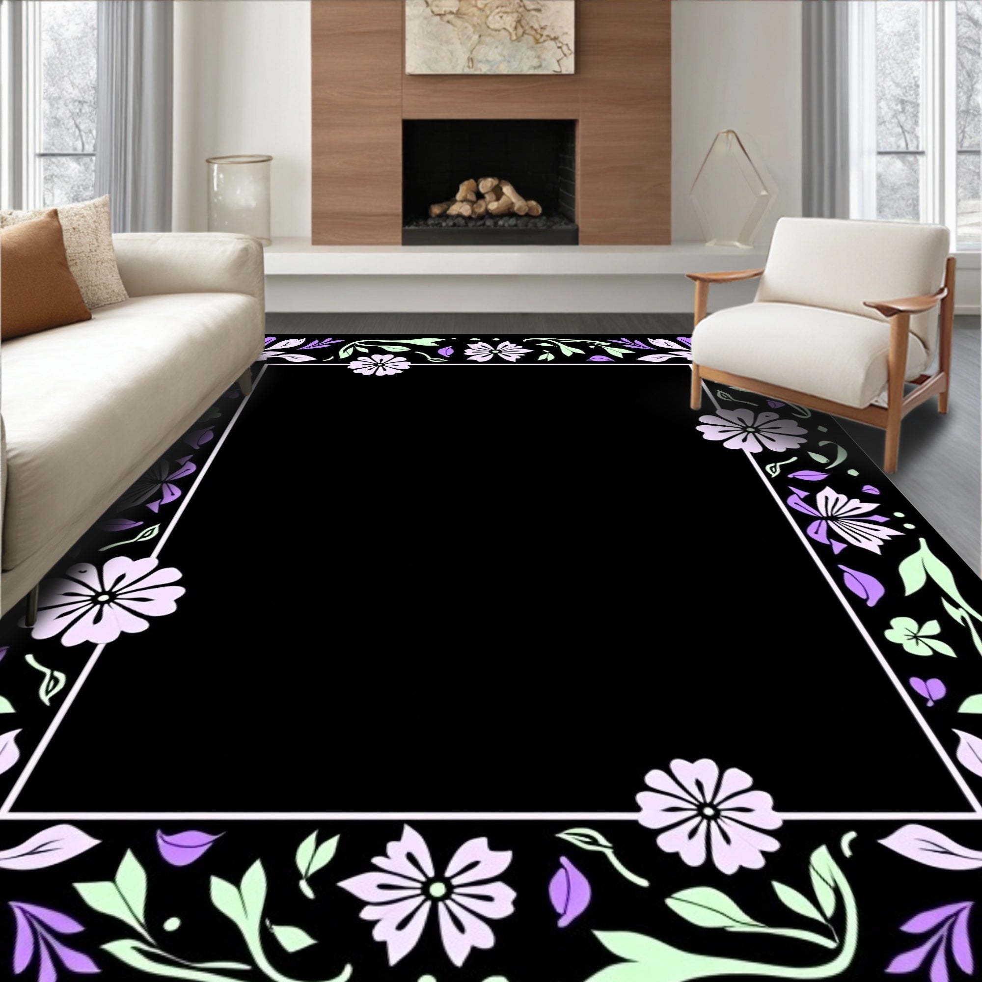 Purple Lavender Floral Leaf Frame Rug
