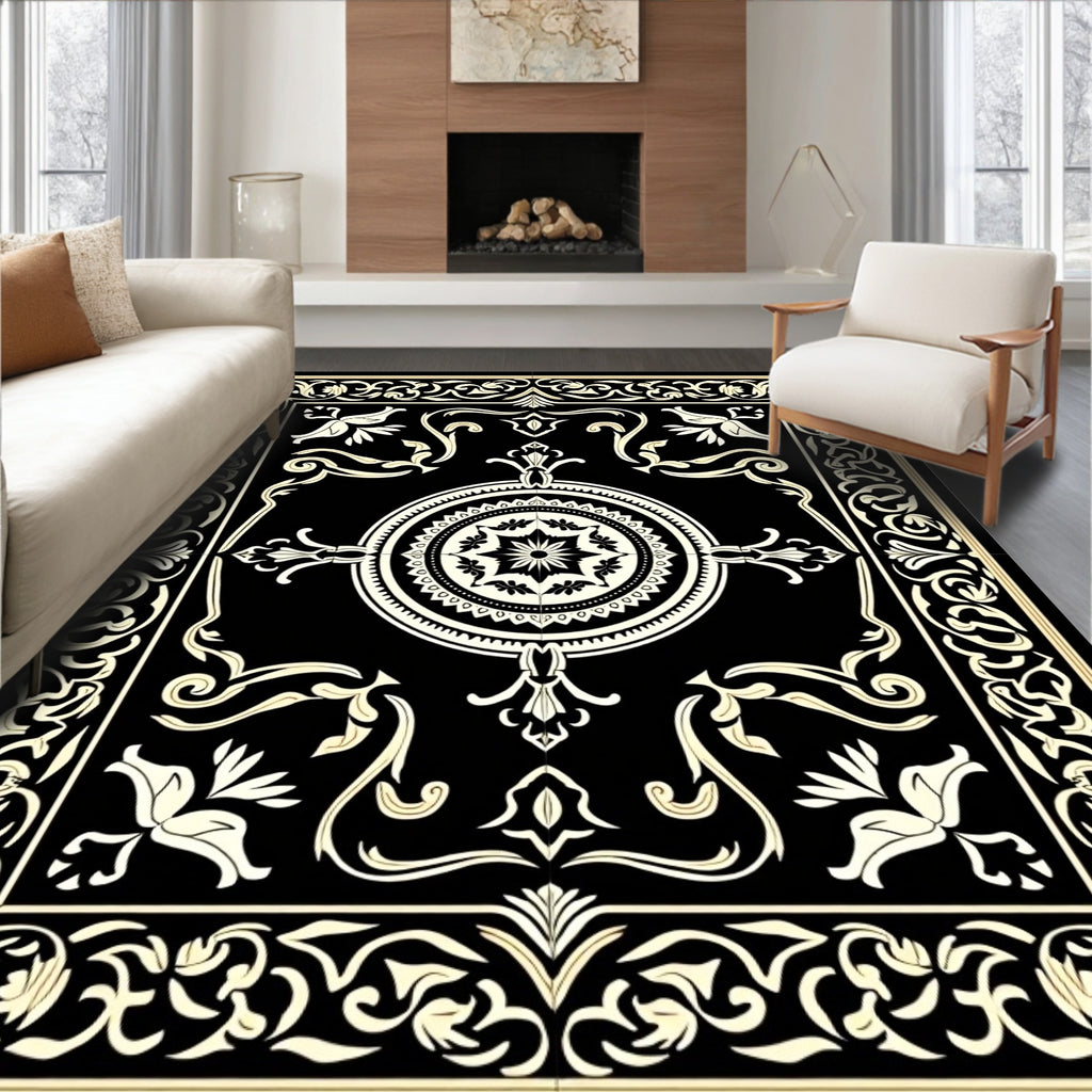 Ornate Black Beige Floral Medallion Rug