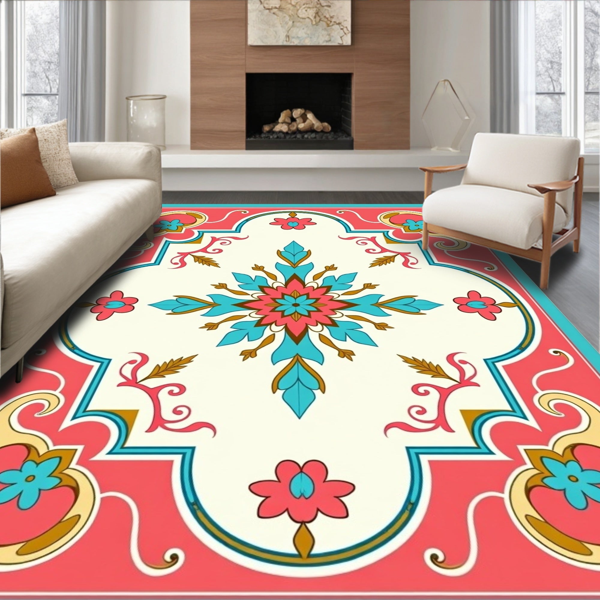 Coral Pink Teal Floral Medallion Rug