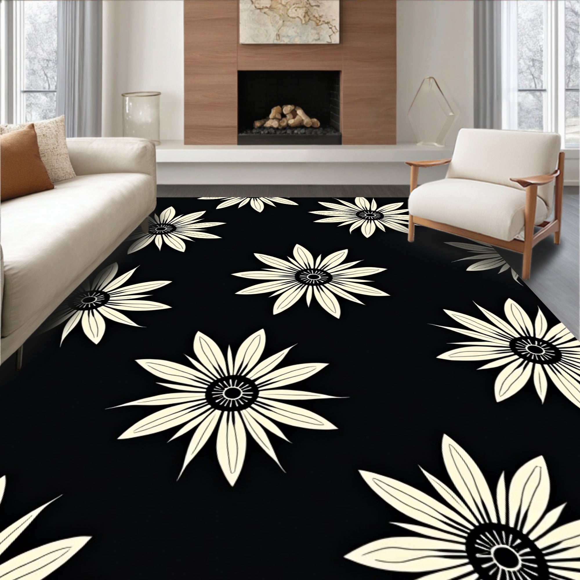 Floral Black Cream Contrast Design Rug
