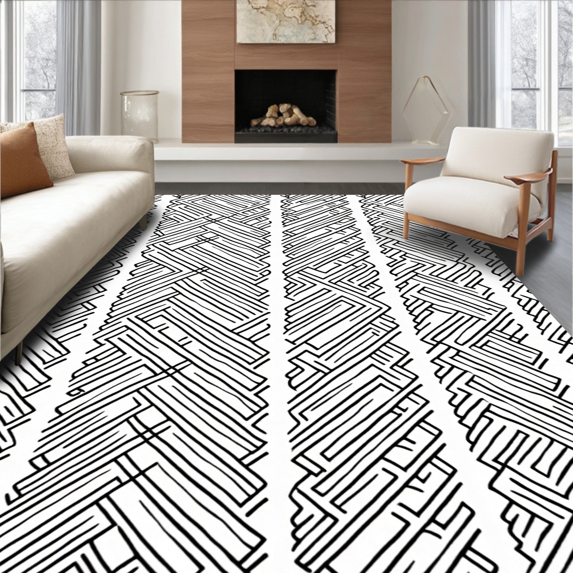 Black White Geometric Maze Pattern Rug