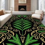 Black Elegant Emerald Leaf Pattern Rug