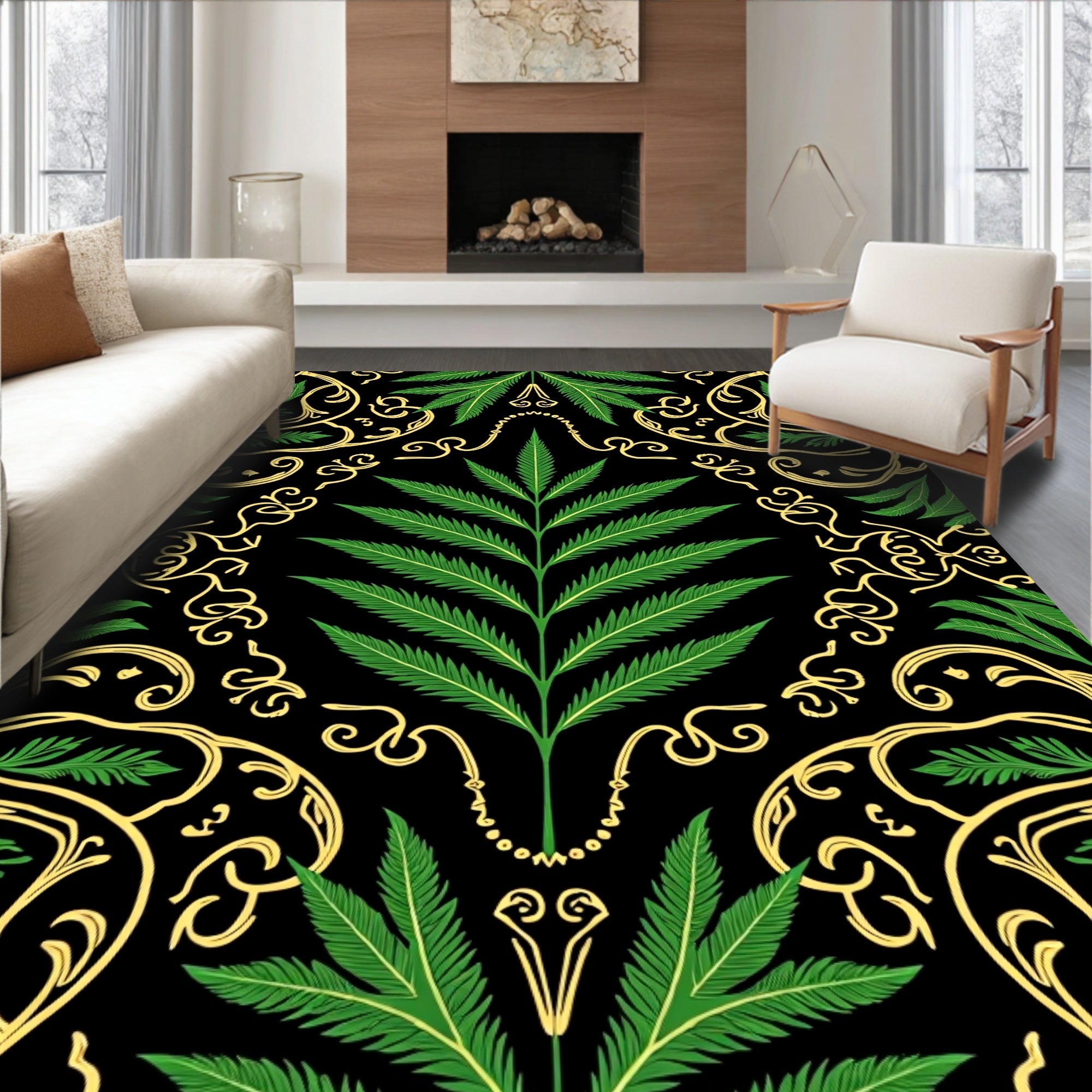 Black Elegant Emerald Leaf Pattern Rug