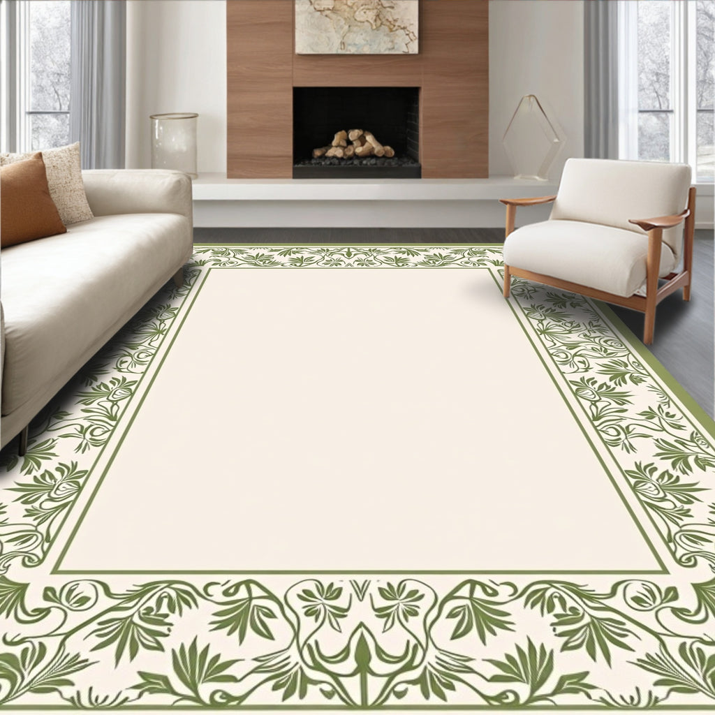 Green Floral Scrollwork Border Pattern Rug
