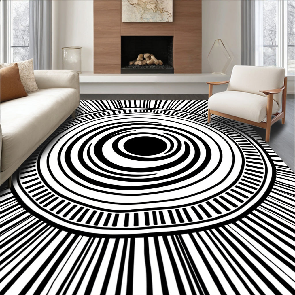 Radiating Circles Bold Black White Pattern Rug