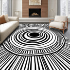 Radiating Circles Bold Black White Pattern Rug