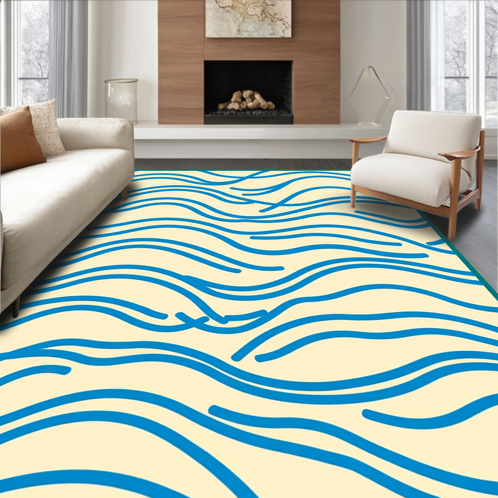 Abstract Blue Line Wave Pattern Rug