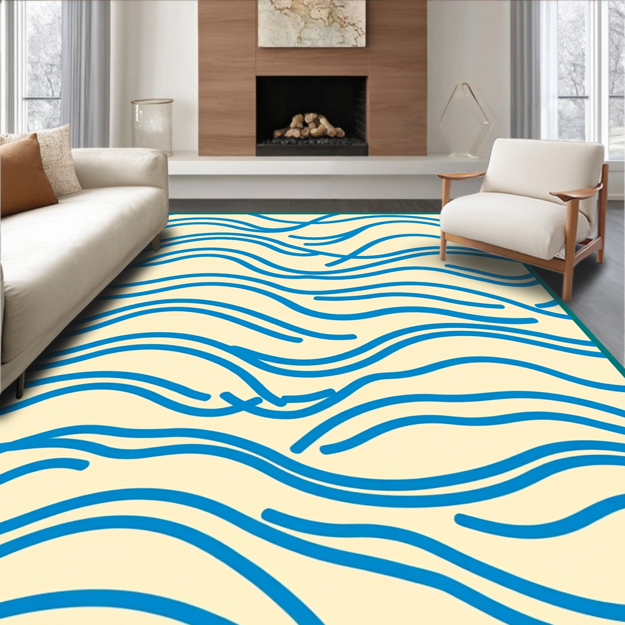 Abstract Blue Line Wave Pattern Rug