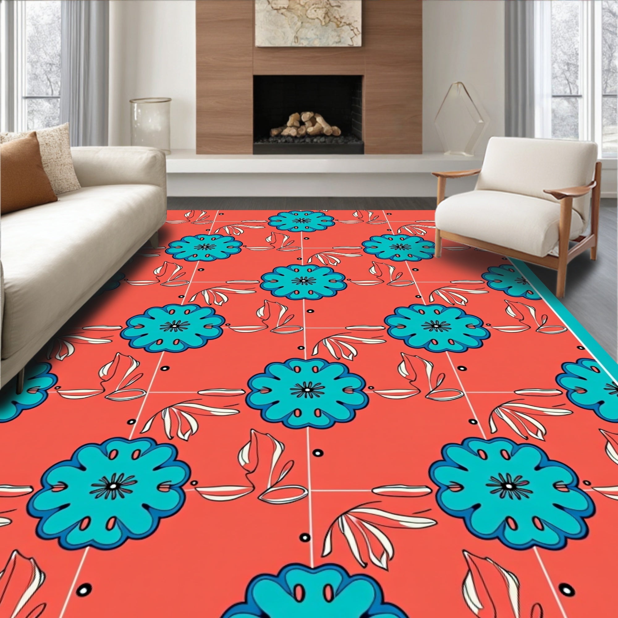 Coral Turquoise Floral Pattern Rug